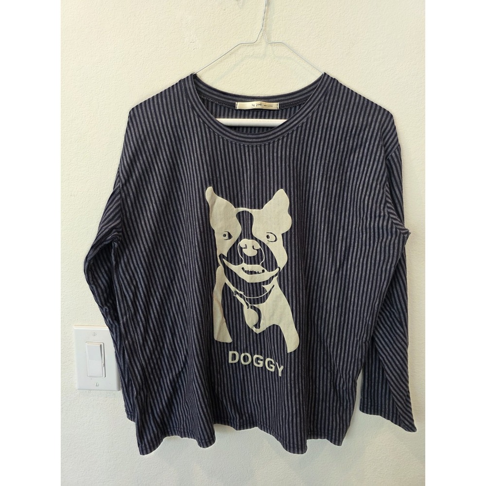 By Pink Korea Doggy Spellout‎ Tee Sz M Blue Stripe Bull Dog Graphic Indie Cutie